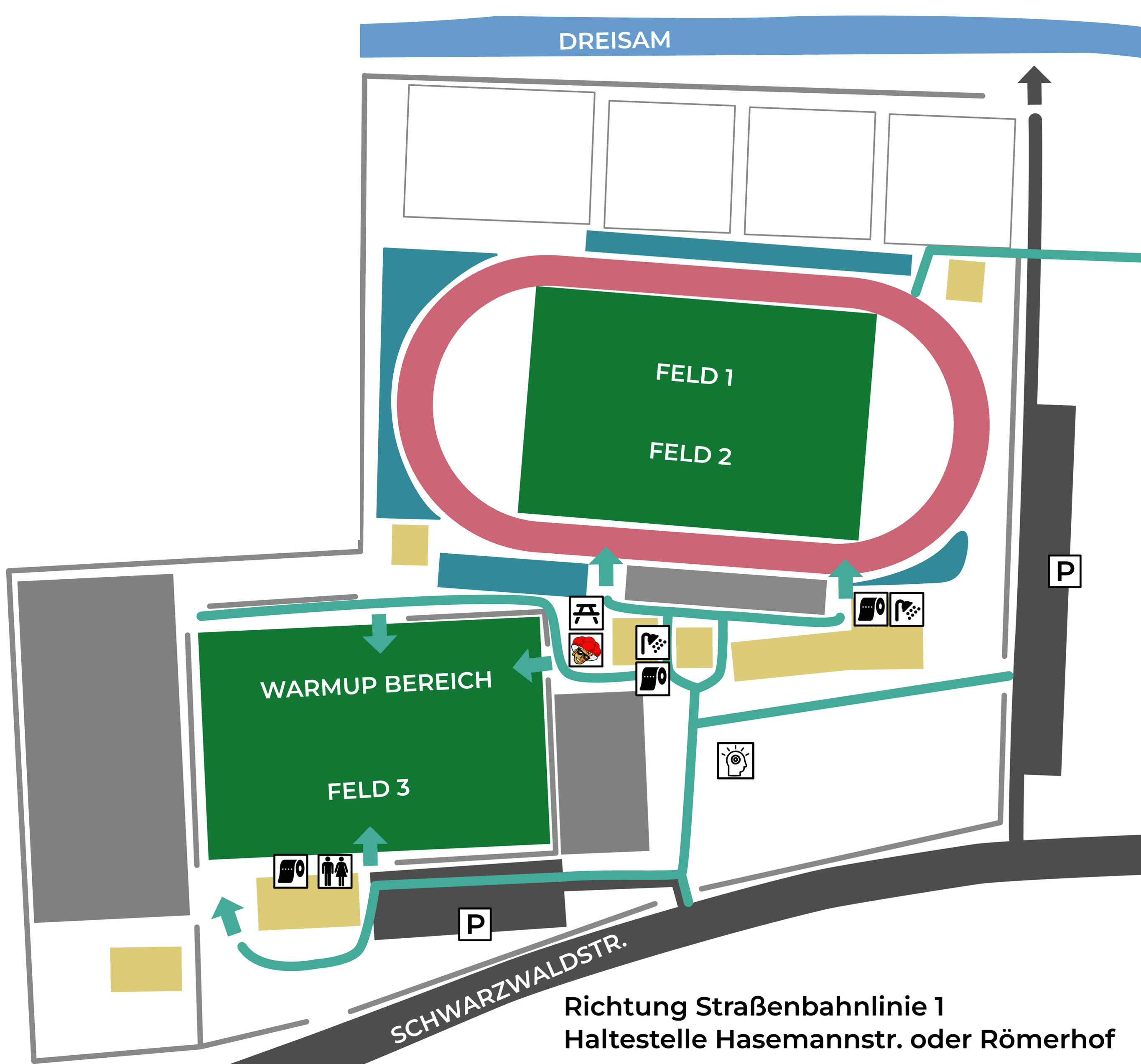 Lageplan des PTSV Jahn Freiburg mit Feld 1, Feld 2, Feld 3, Warmup-Bereich, Zeltplätzen, Parkplätzen, WCs, Duschen, Versorgungszelt, Rückzugsort und Partybereich